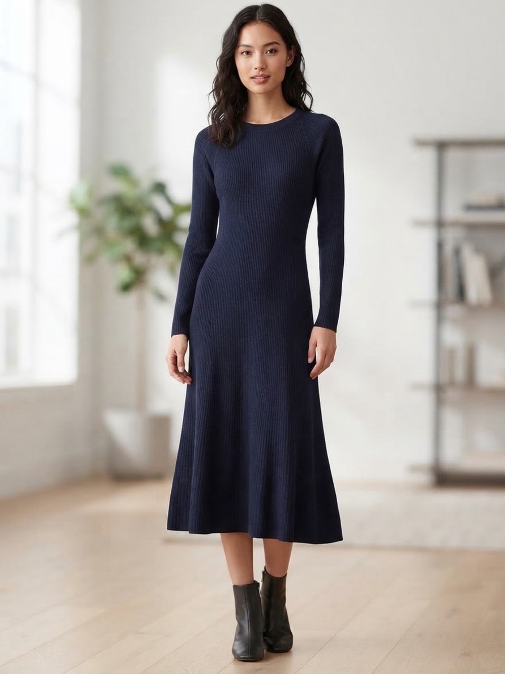 Uniqlo :C Navy Blue Ribbed Knit Long Sleeve Midi Dress Wool Blend